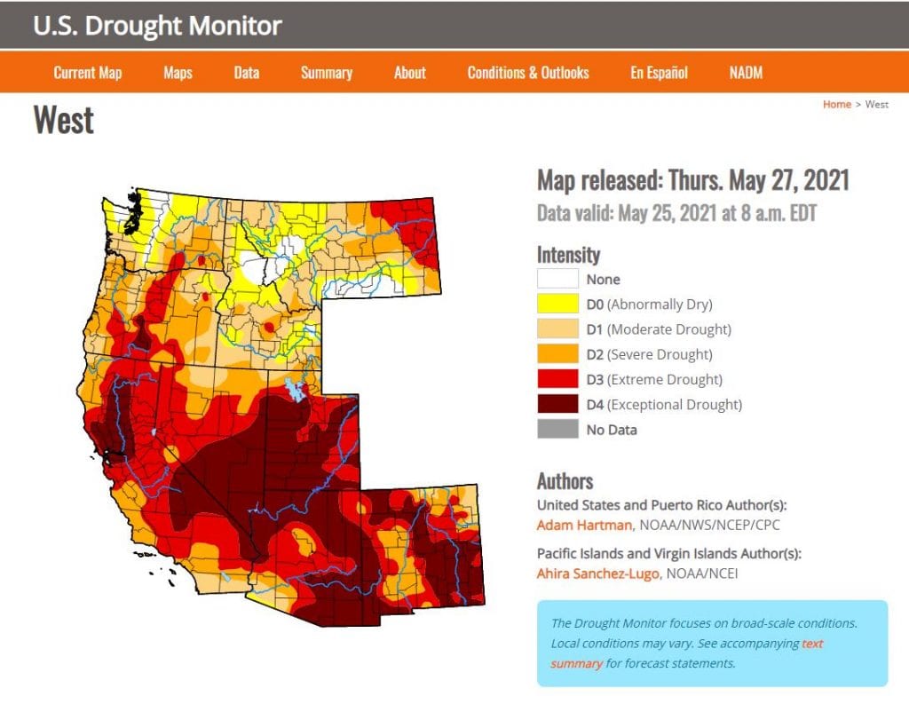 Map showing drought in the Western US