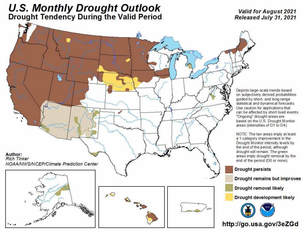 US Drought Monitor outlook map shows improved drought conditions for AZ and NM in August 2021