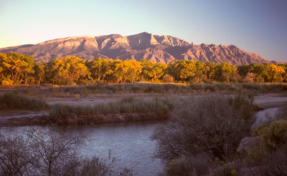 The Rio Grande River and Sandia Mountain Range in New Mexico