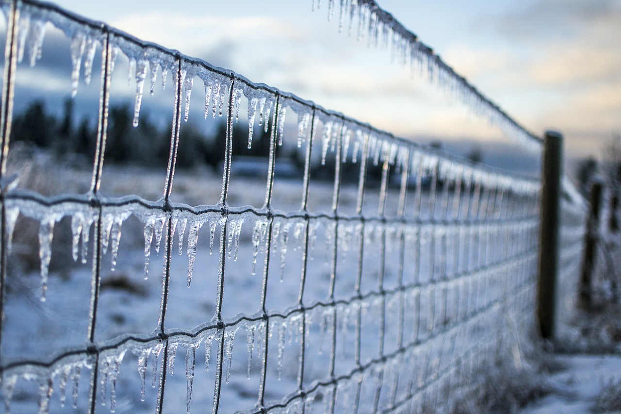 An icy fence following a snow stor