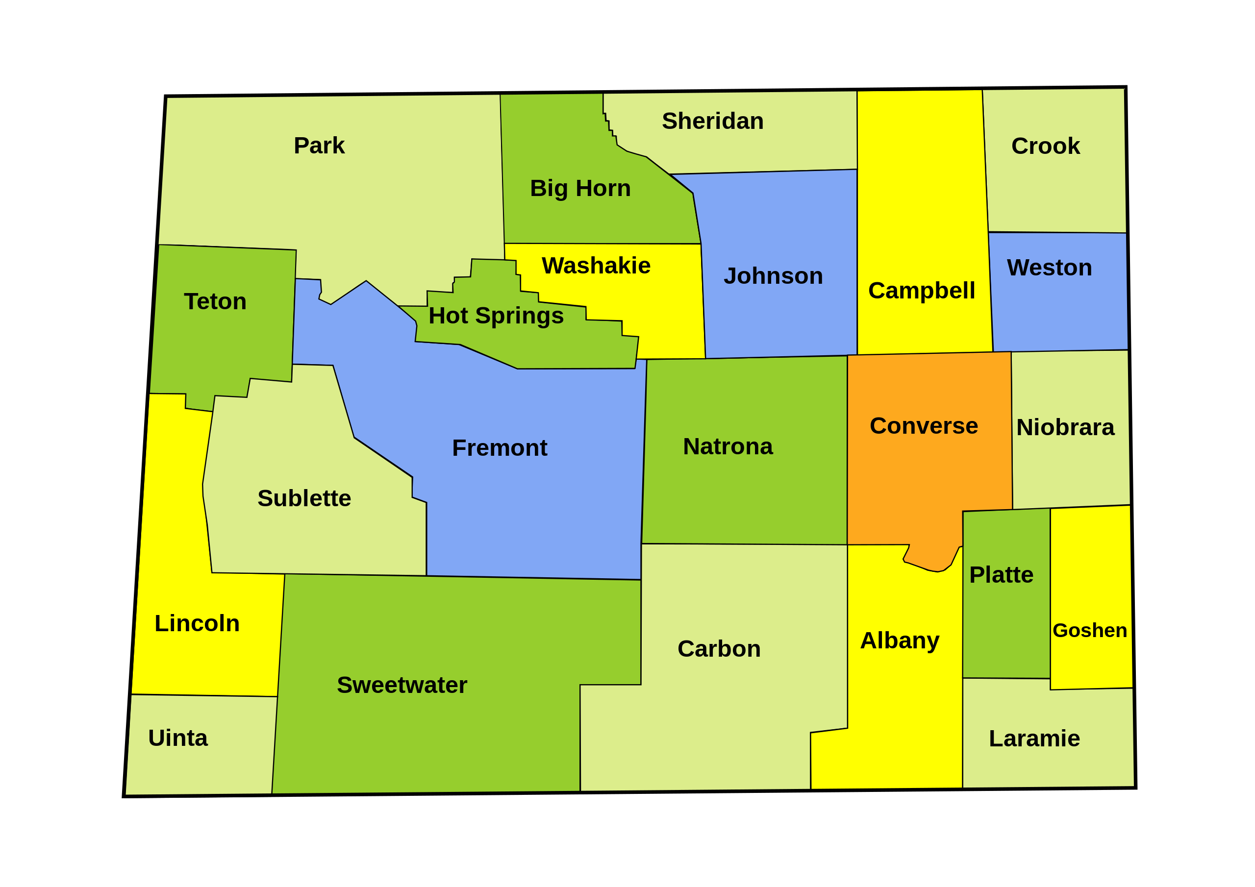 Map of Wyoming counties, helpful to locate the current Wyoming wildfire.