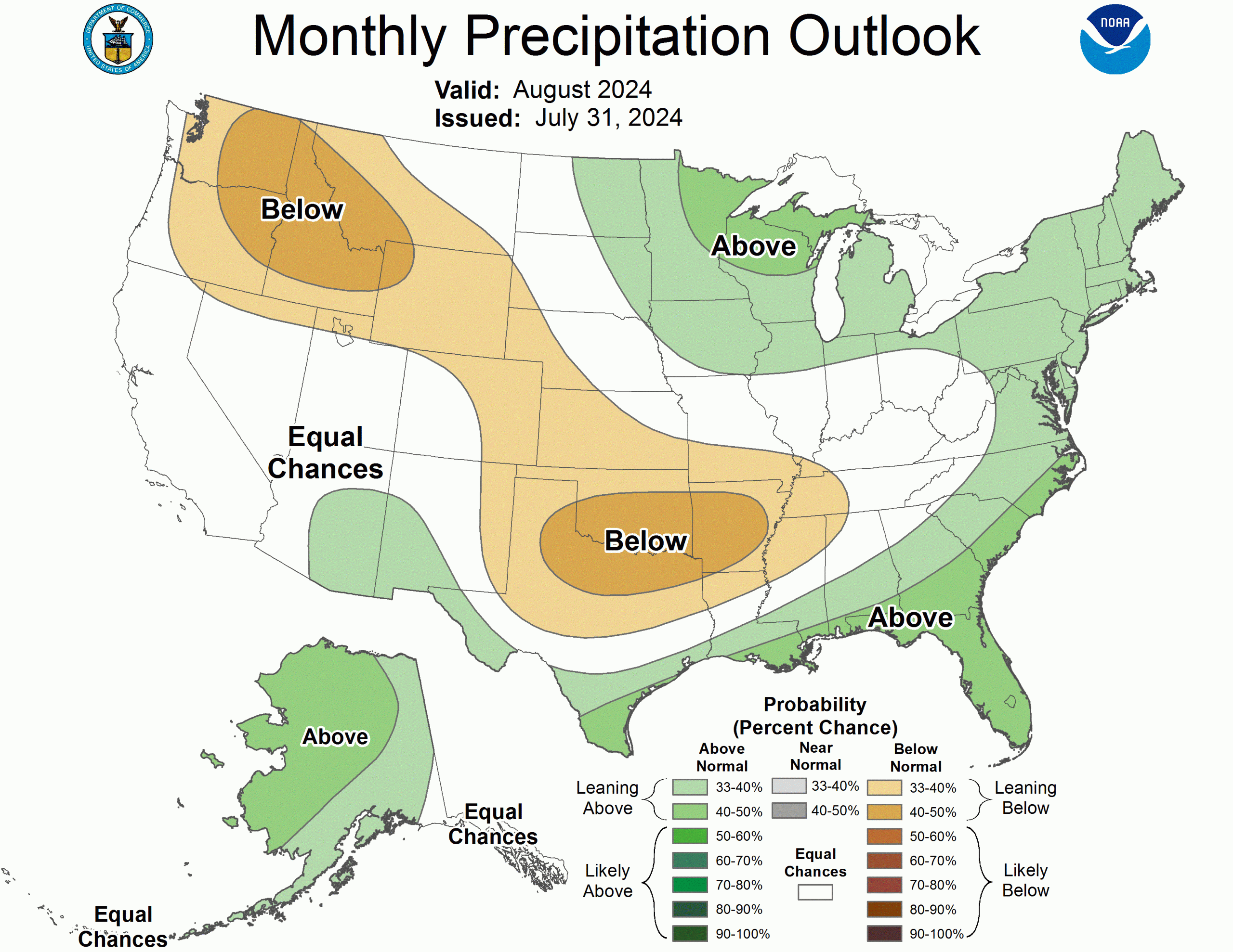 The National Weather Service predicts above-average temperatures across most of the US in August, with an enhanced monsoon expected to bring increased rainfall to the Southwest.