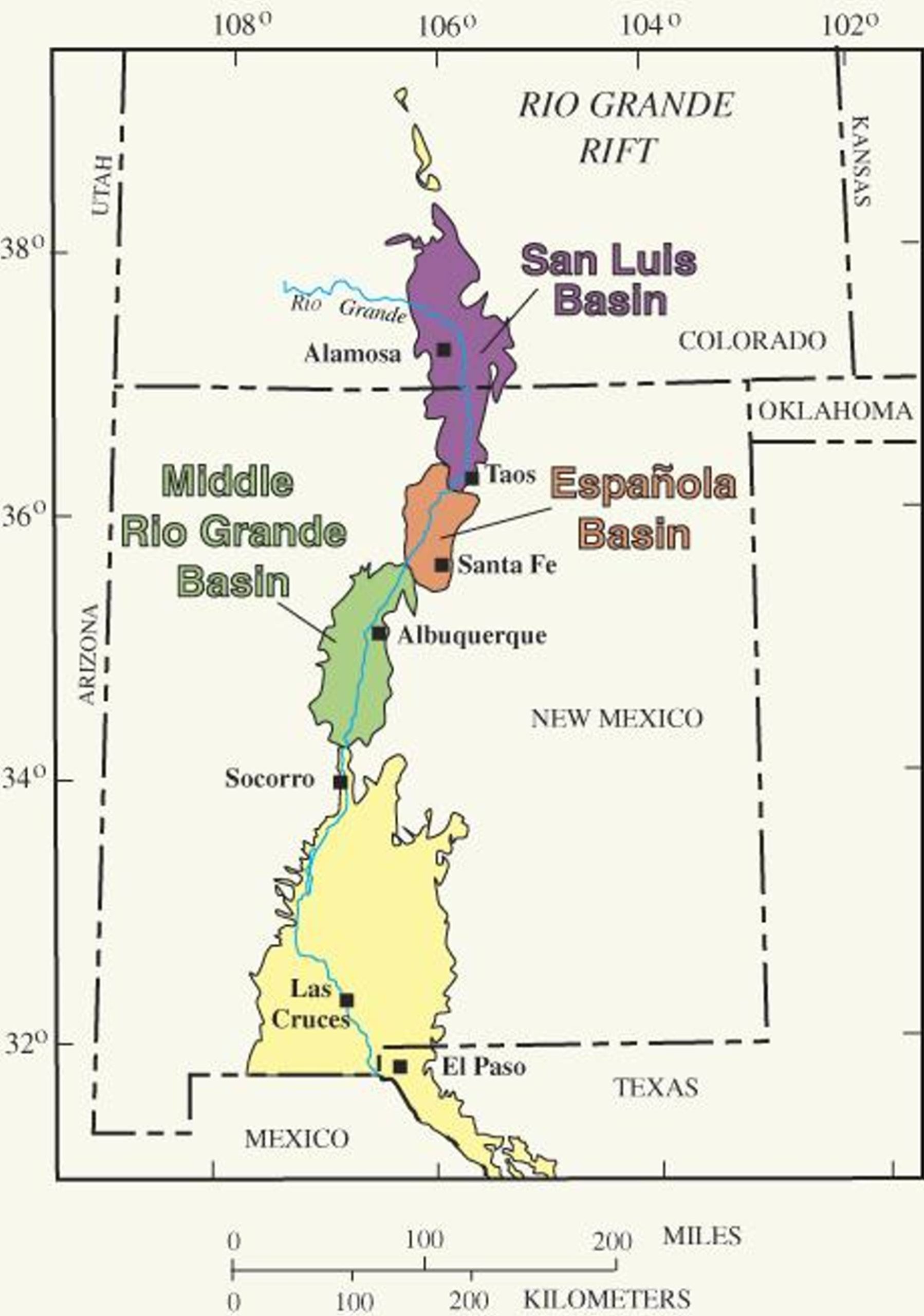 Map of Rio Grande basins in Colorado, New Mexico and Texas