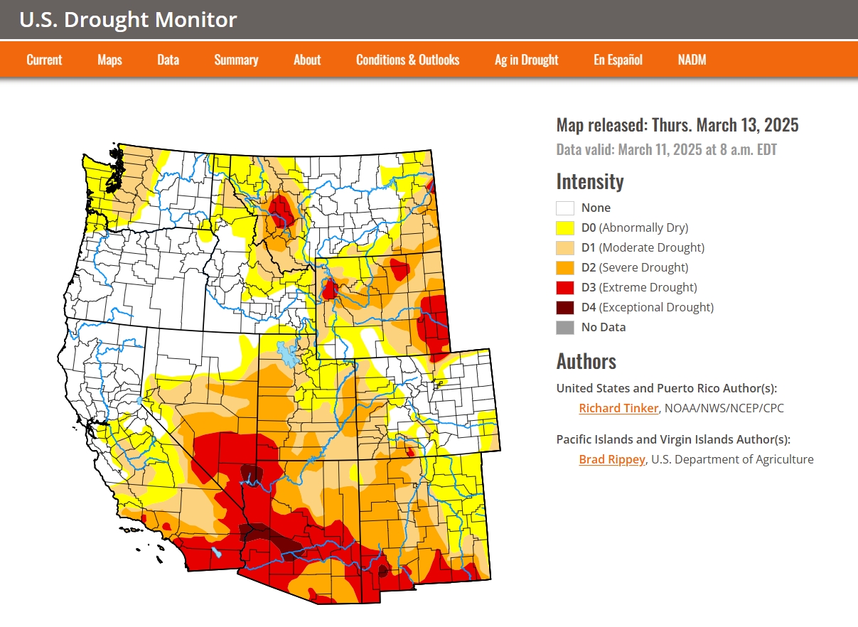 US Drought Monitor map released March 13, 2025