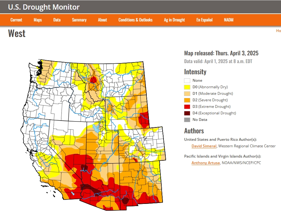 US Drought Monitor Map of the West released on April 3, 2025