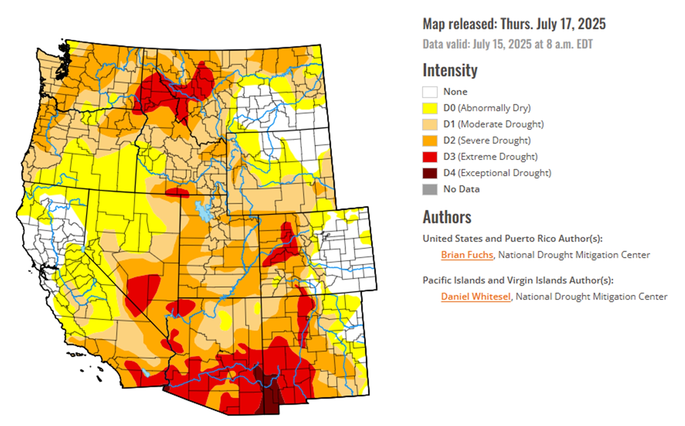 July 17, 2025 released drought monitor map of the West