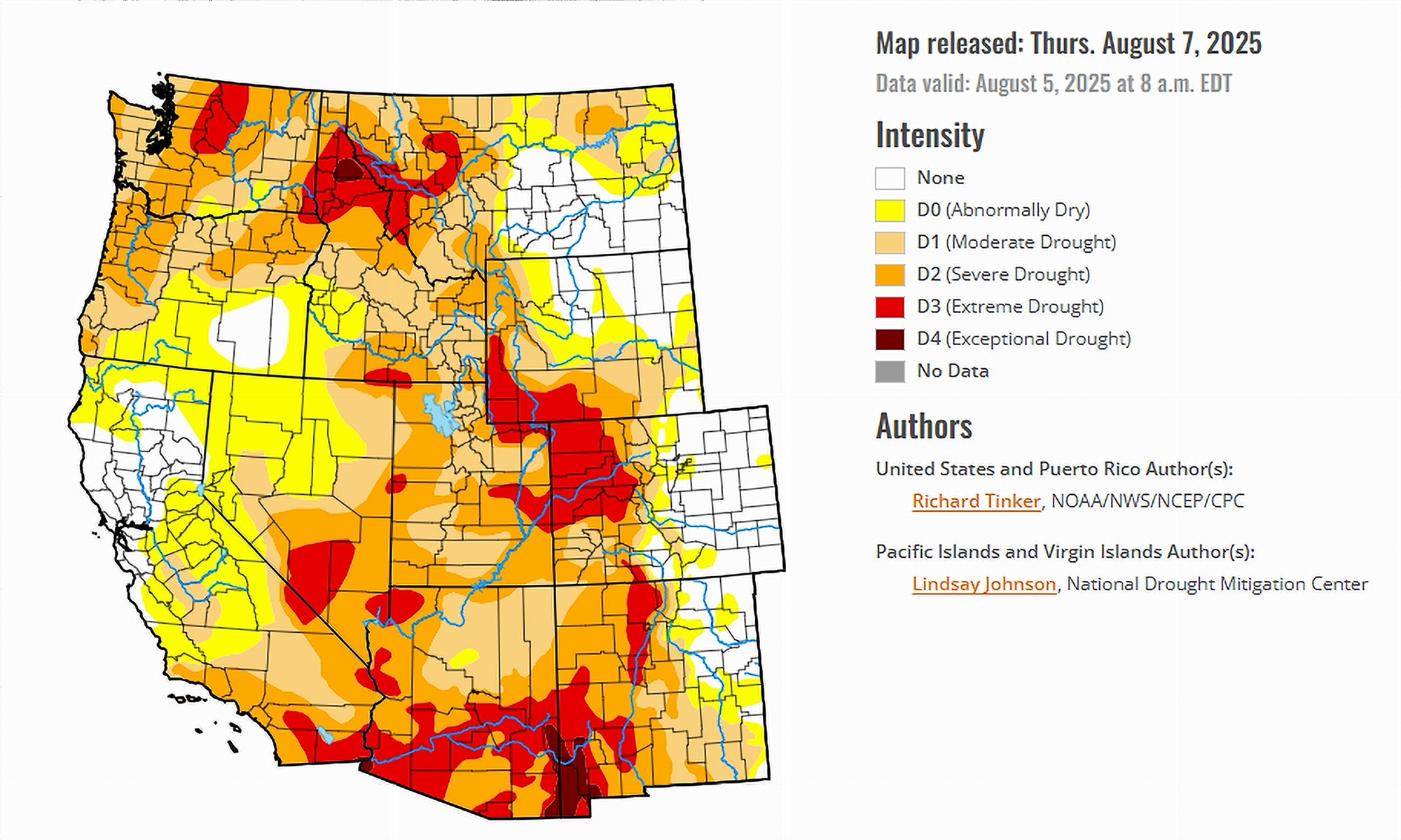 U.S. Drought Monitor Map of the West released on August 7, 2025