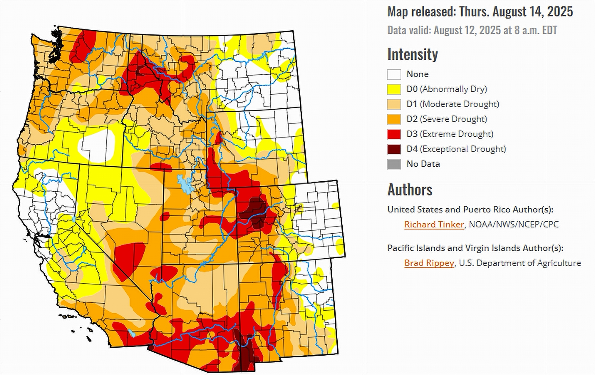 US Drought Monitor Map of the West dated August 14, 2025