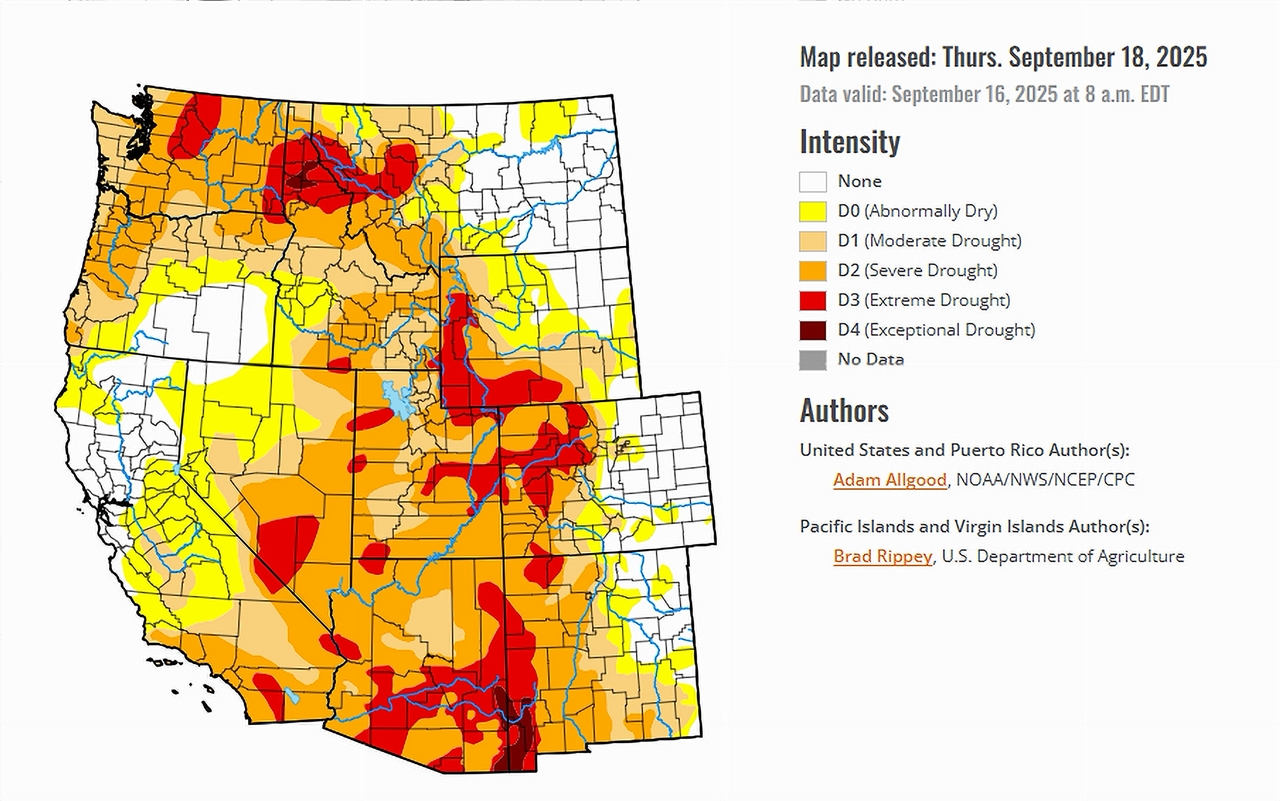 US Drought Monitor map released on September 18, 2025, revealing southwest drought
