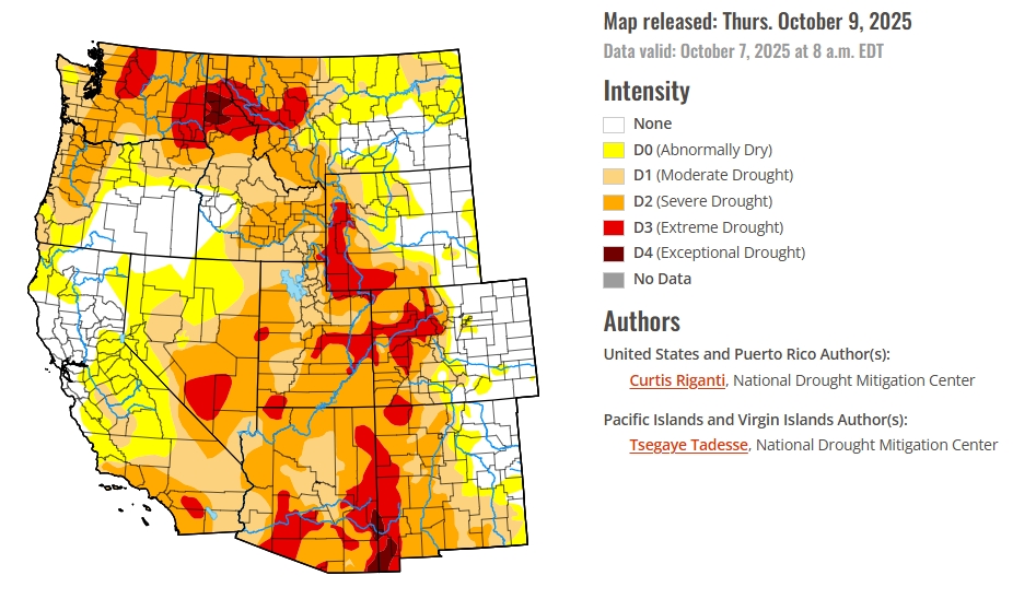 U.S. Drought Monitor map issued on October 9, 2025