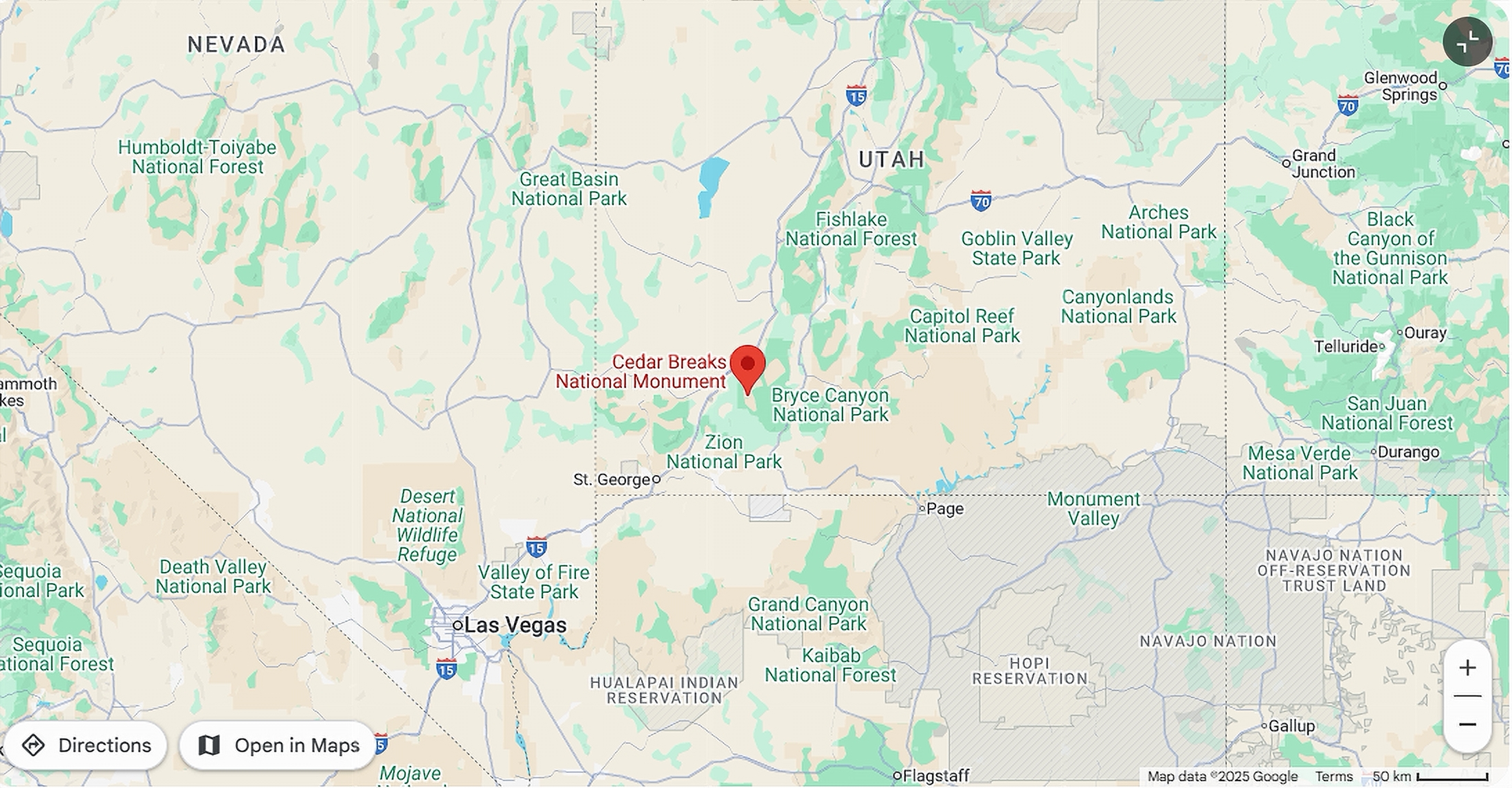 Location map for Cedar Breaks National Monument in Utah