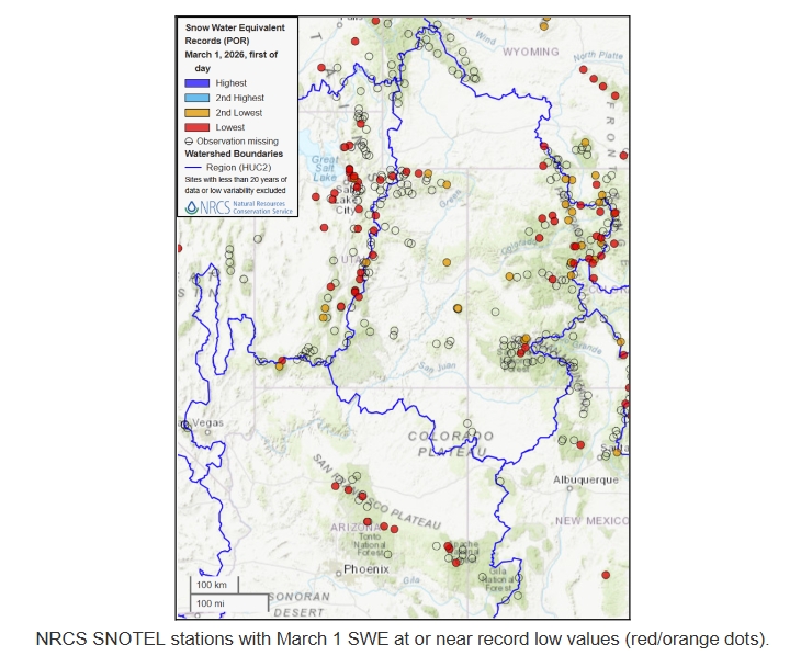 SNOTEL map in March 1 2026 report