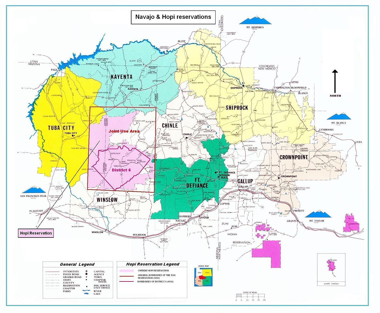 Map of the Hopi reservation in Navajo Nation, showing 1882 boundaries, 1936 District 6, and the 1962 Joint Use Area.