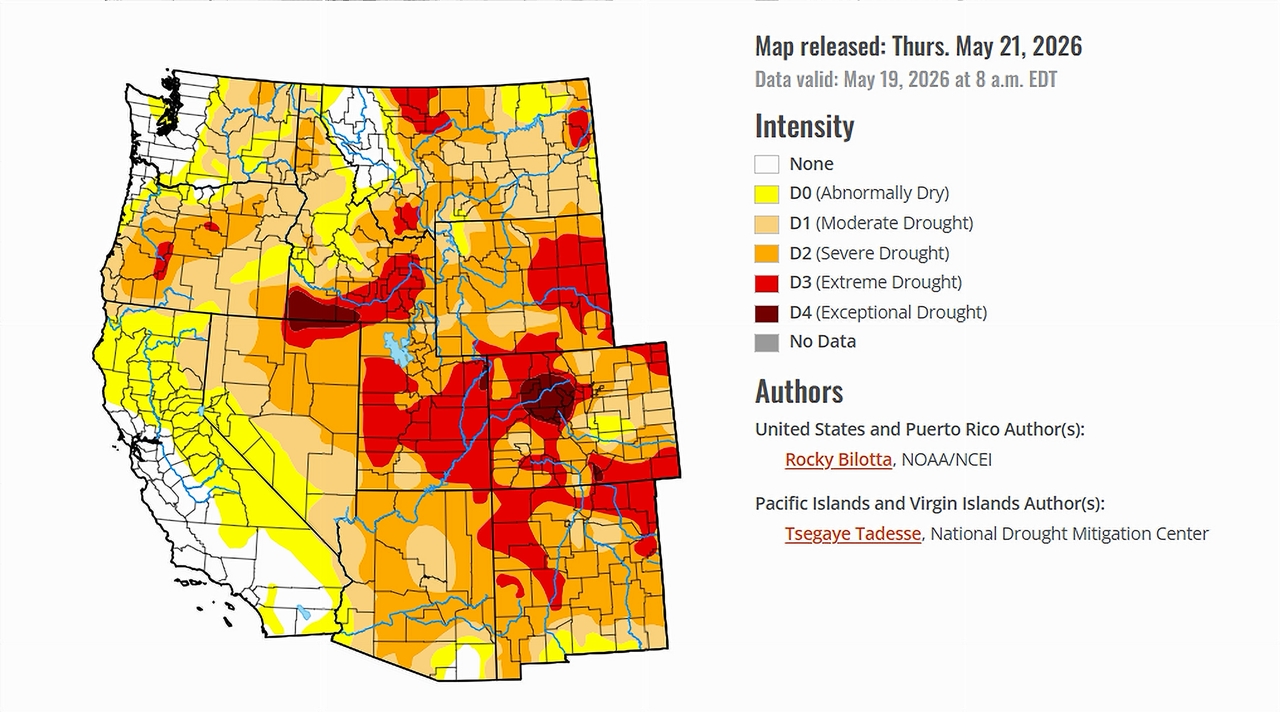 The May 21, 2026 drought monitor map showing southwest drought