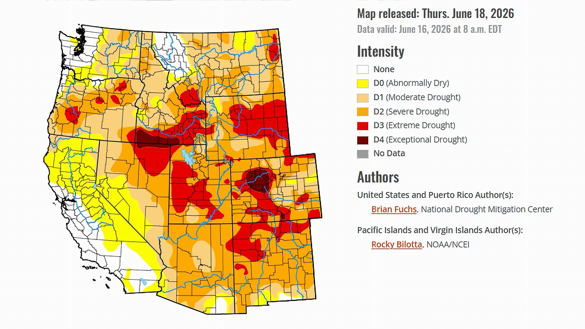 Drought Monitor map of the West from June 18, 2026