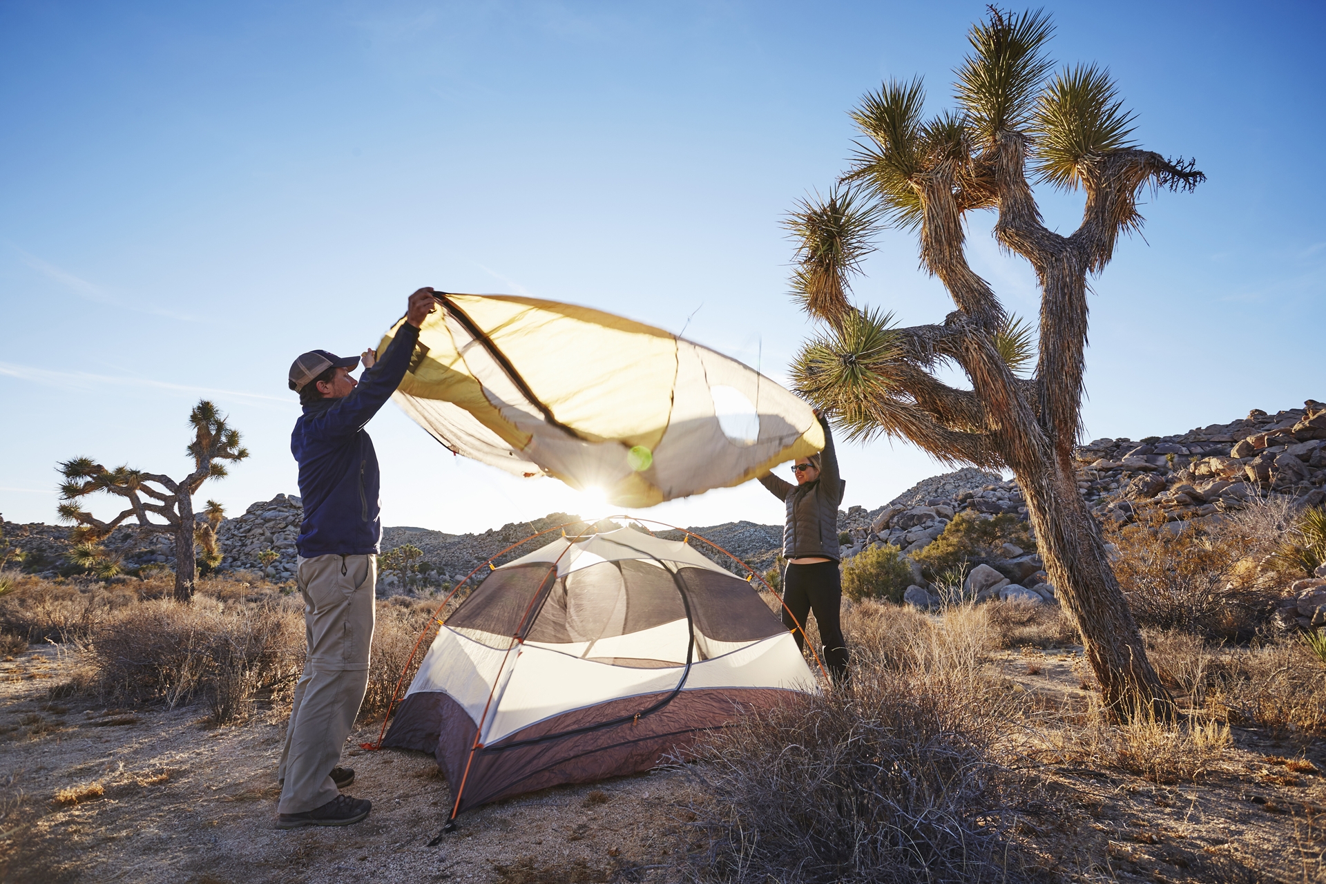 Setting up campsite in the desert