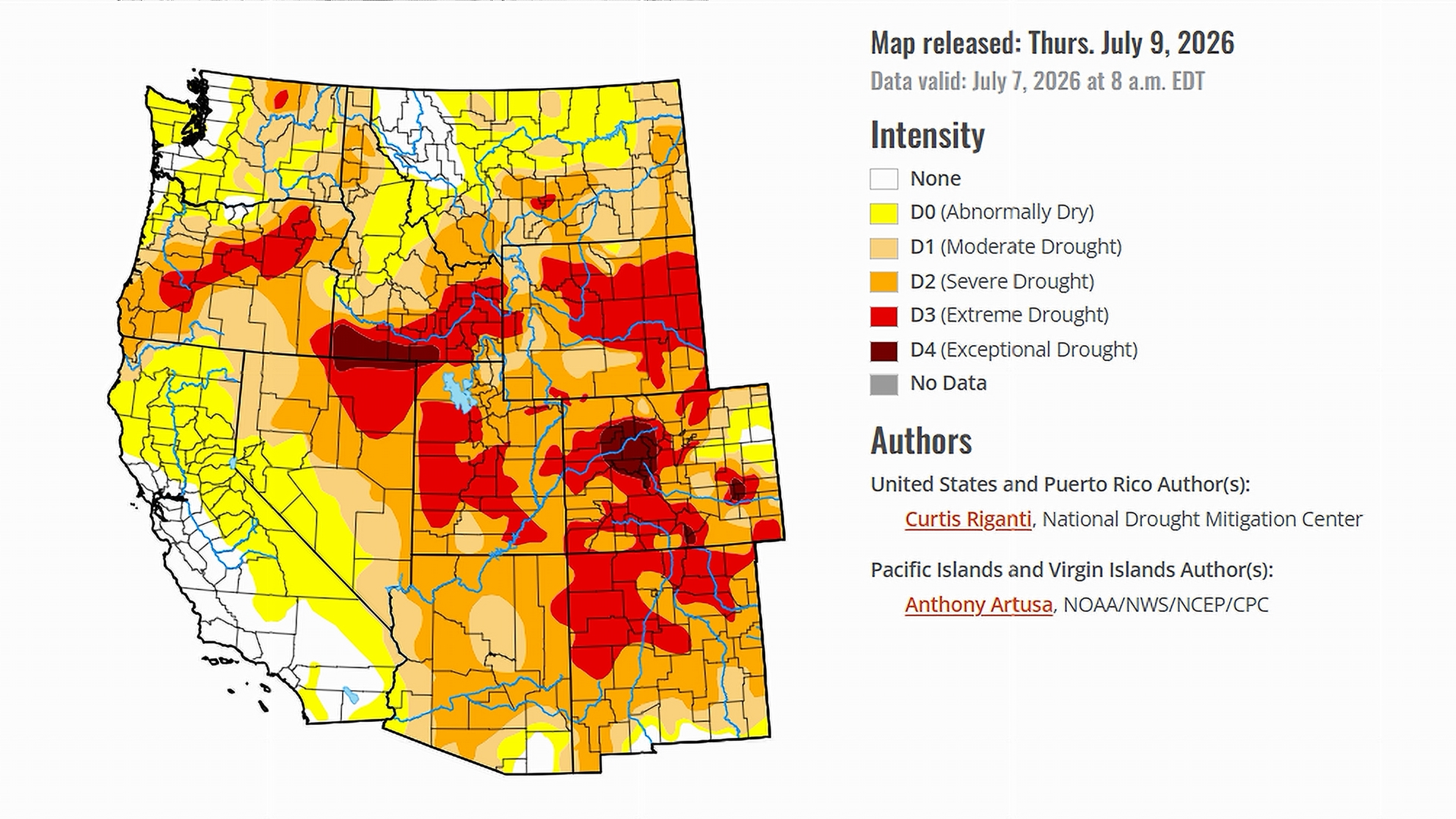 Drought monitor map released on July 9, 2026
