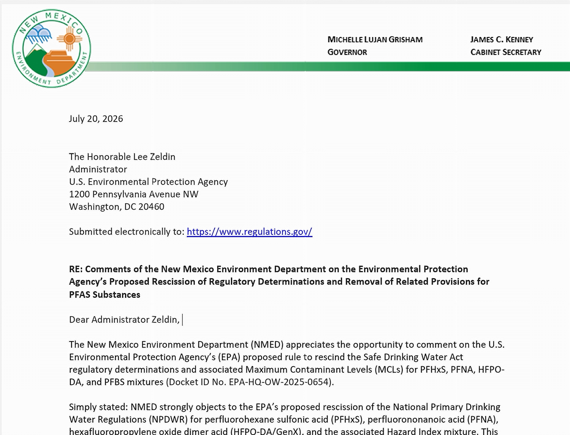 Screenshot of New Mexico's response to EPA proposed rule on PFAS