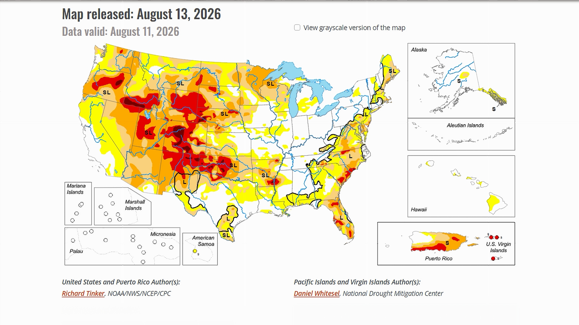 US Drought Monitor map from August 13, 2026