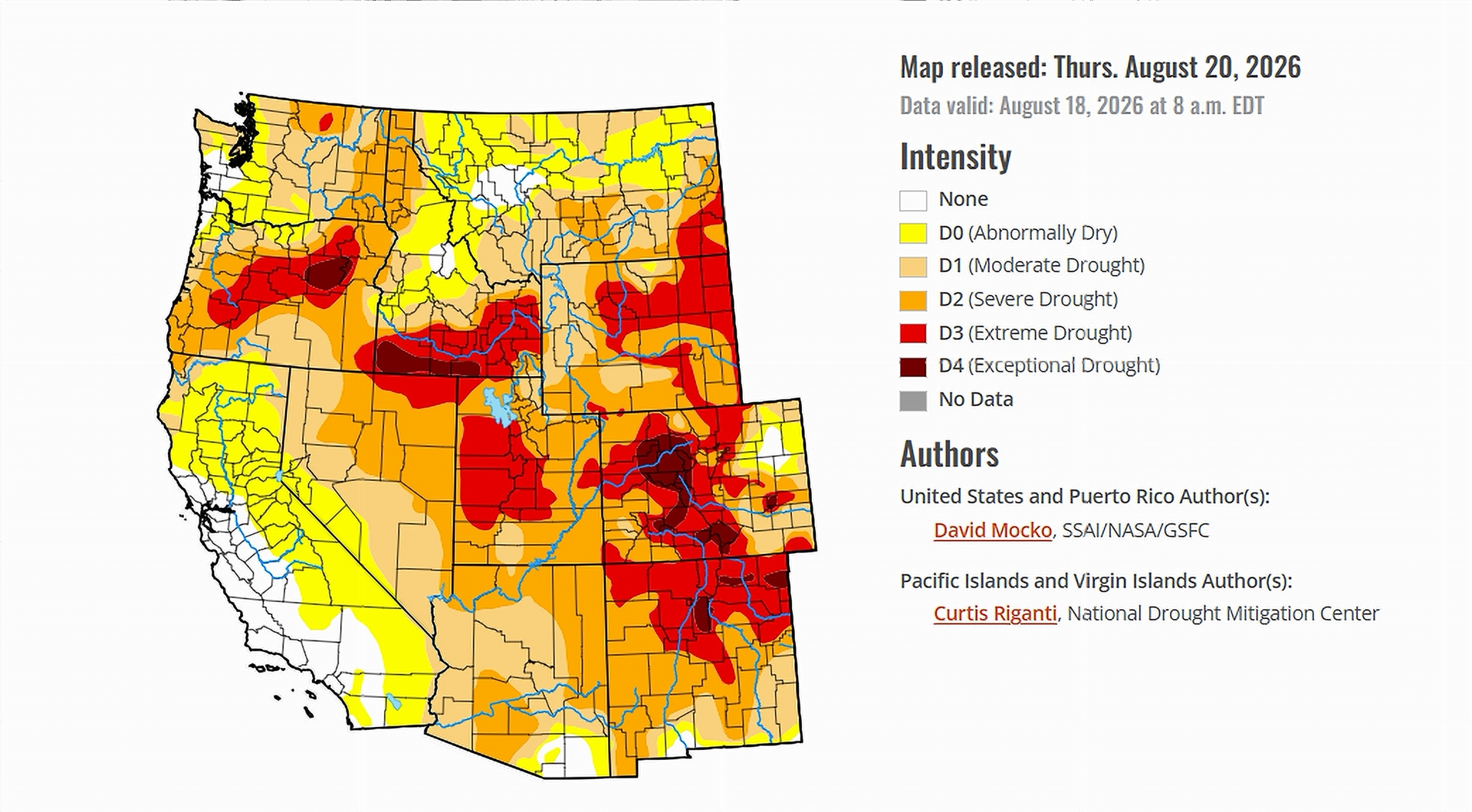 Drought Monitor map of the west issued on August 20, 2026