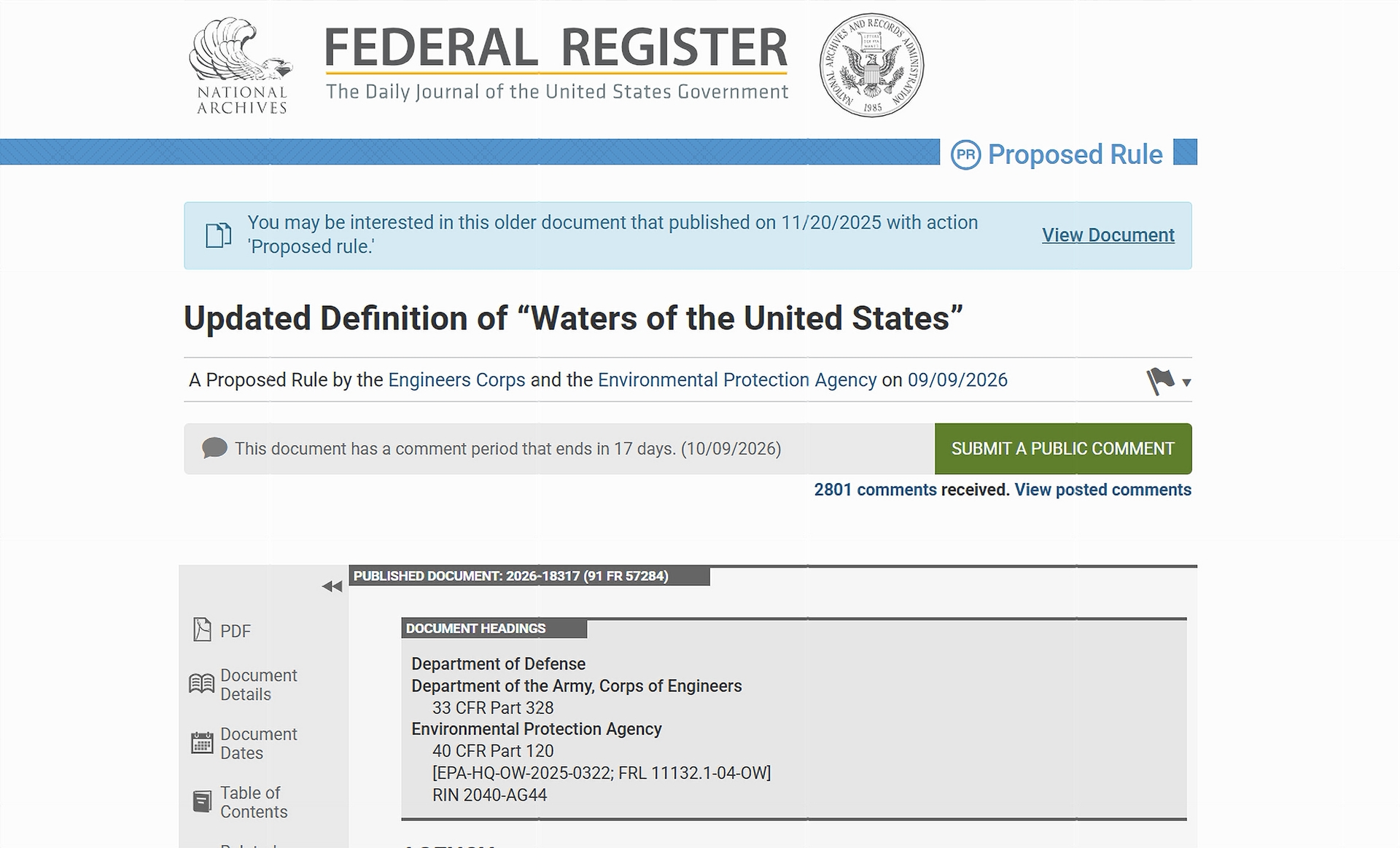 Federal Register - screenshot of waters of the U..S. page