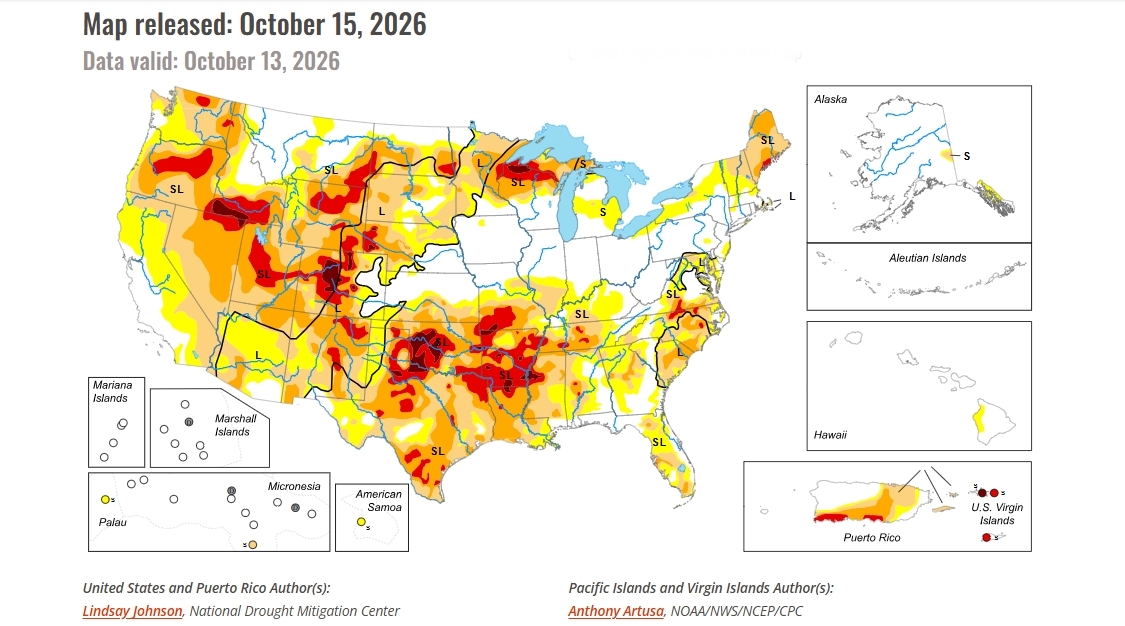 Drought monitor map released on October 15, 2026
